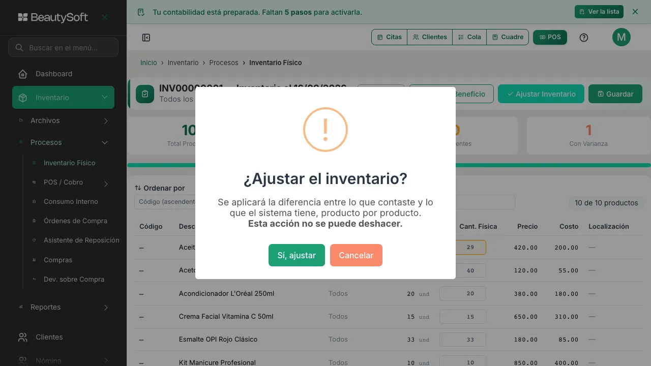 Ventana de confirmación que pregunta si ajustar el inventario y avisa que la acción no se puede deshacer