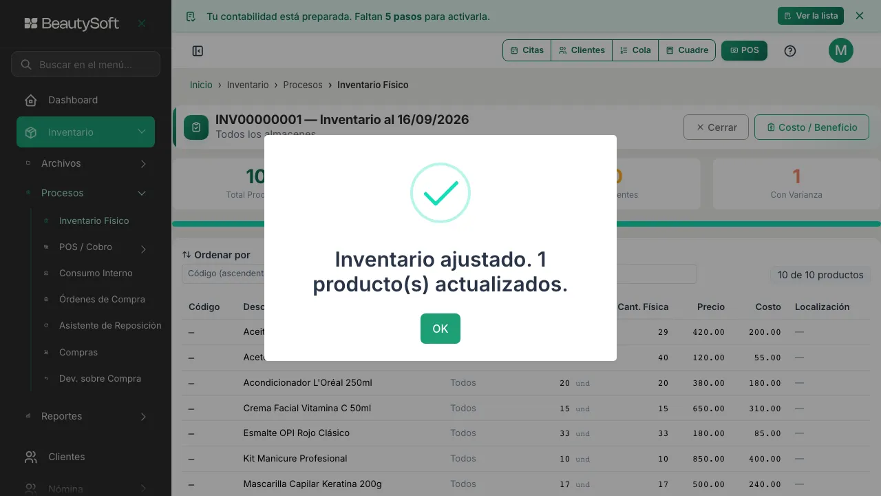 Mensaje que confirma que el inventario fue ajustado y cuántos productos se actualizaron