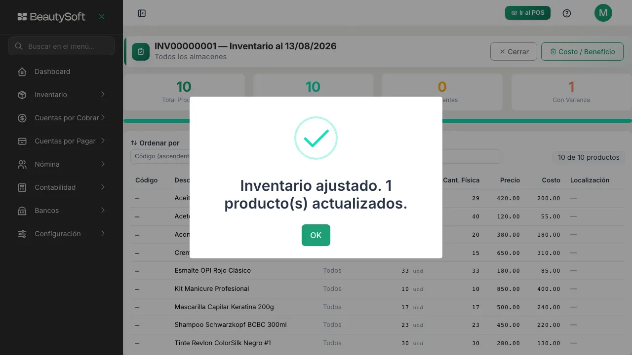 Mensaje que confirma que el inventario fue ajustado y cuántos productos se actualizaron