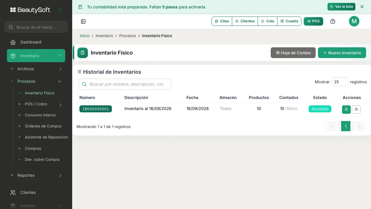 Historial de inventarios con el conteo terminado en estado Ajustado y 100% de productos contados