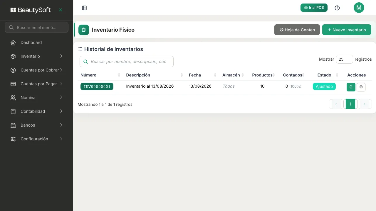 Historial de inventarios con el conteo terminado en estado Ajustado y 100% de productos contados