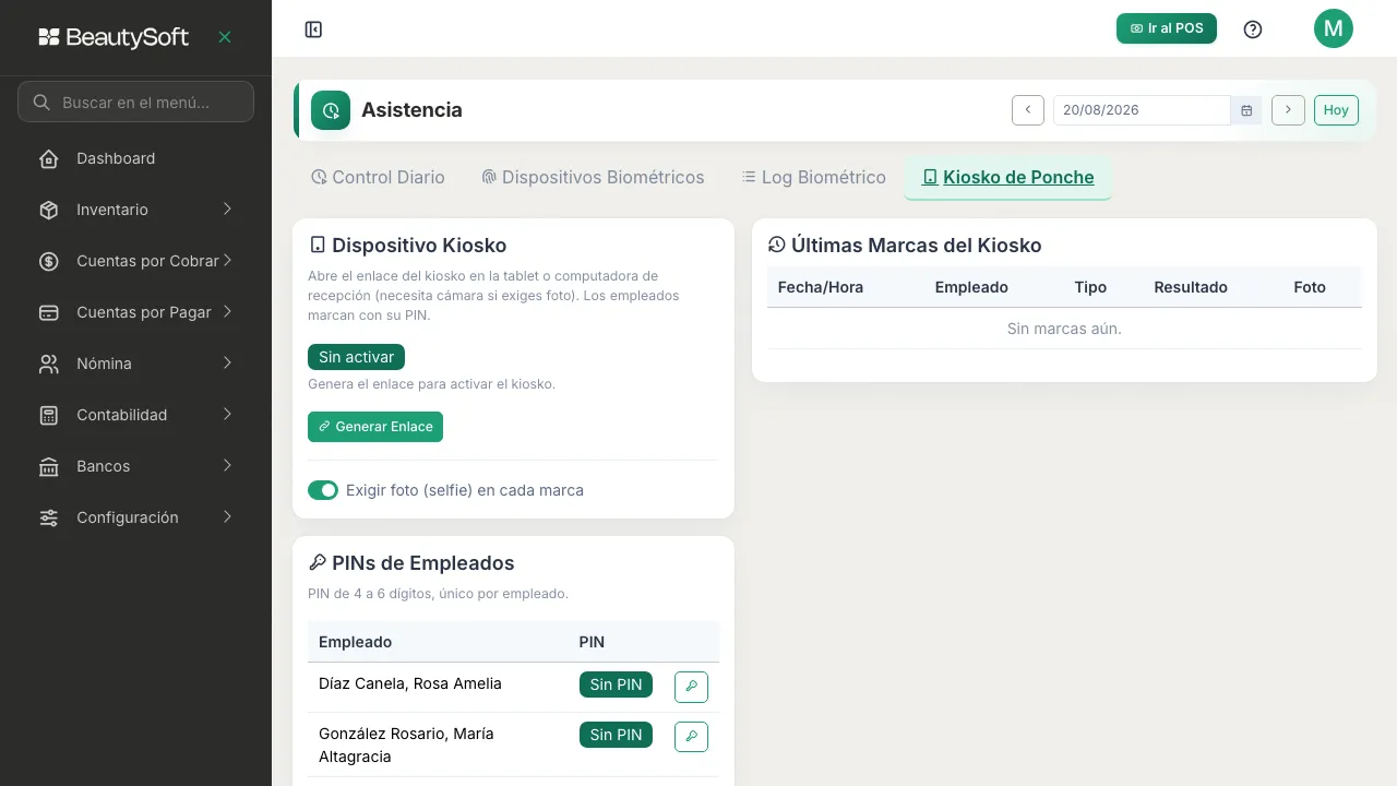 Pestaña Kiosko de Ponche en la pantalla de Asistencia, con el kiosko sin activar y el botón Generar Enlace