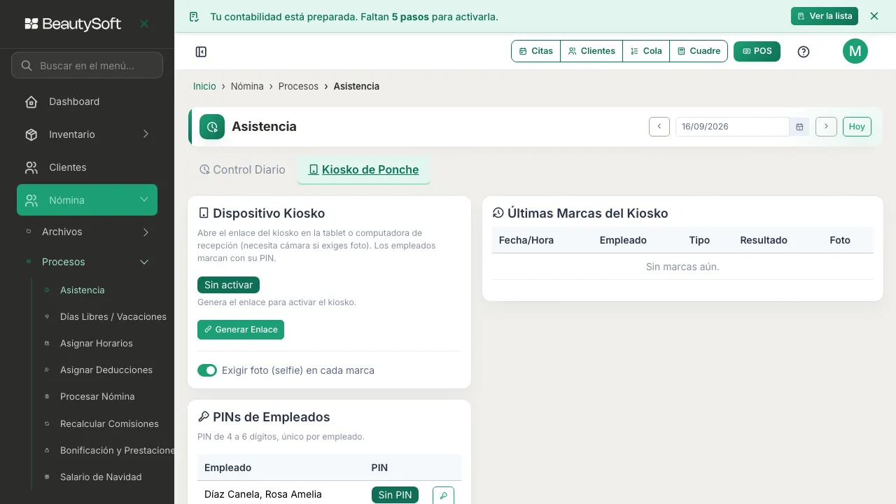 Pestaña Kiosko de Ponche en la pantalla de Asistencia, con el kiosko sin activar y el botón Generar Enlace