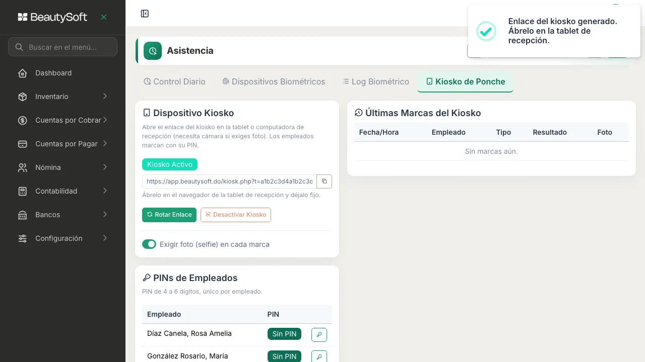 Tarjeta Dispositivo Kiosko con el enlace generado, los botones Rotar Enlace y Desactivar Kiosko, y el interruptor de la foto