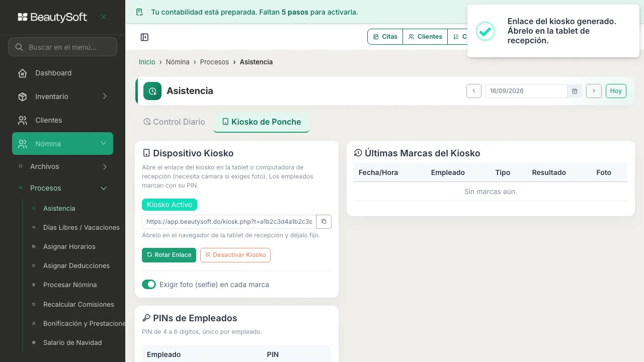 Tarjeta Dispositivo Kiosko con el enlace generado, los botones Rotar Enlace y Desactivar Kiosko, y el interruptor de la foto