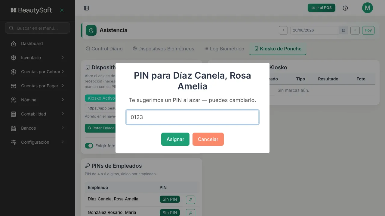 Ventana para asignar el PIN a un empleado, con el PIN escrito