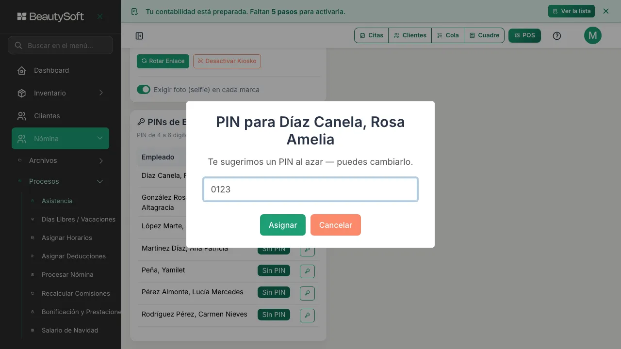 Ventana para asignar el PIN a un empleado, con el PIN escrito