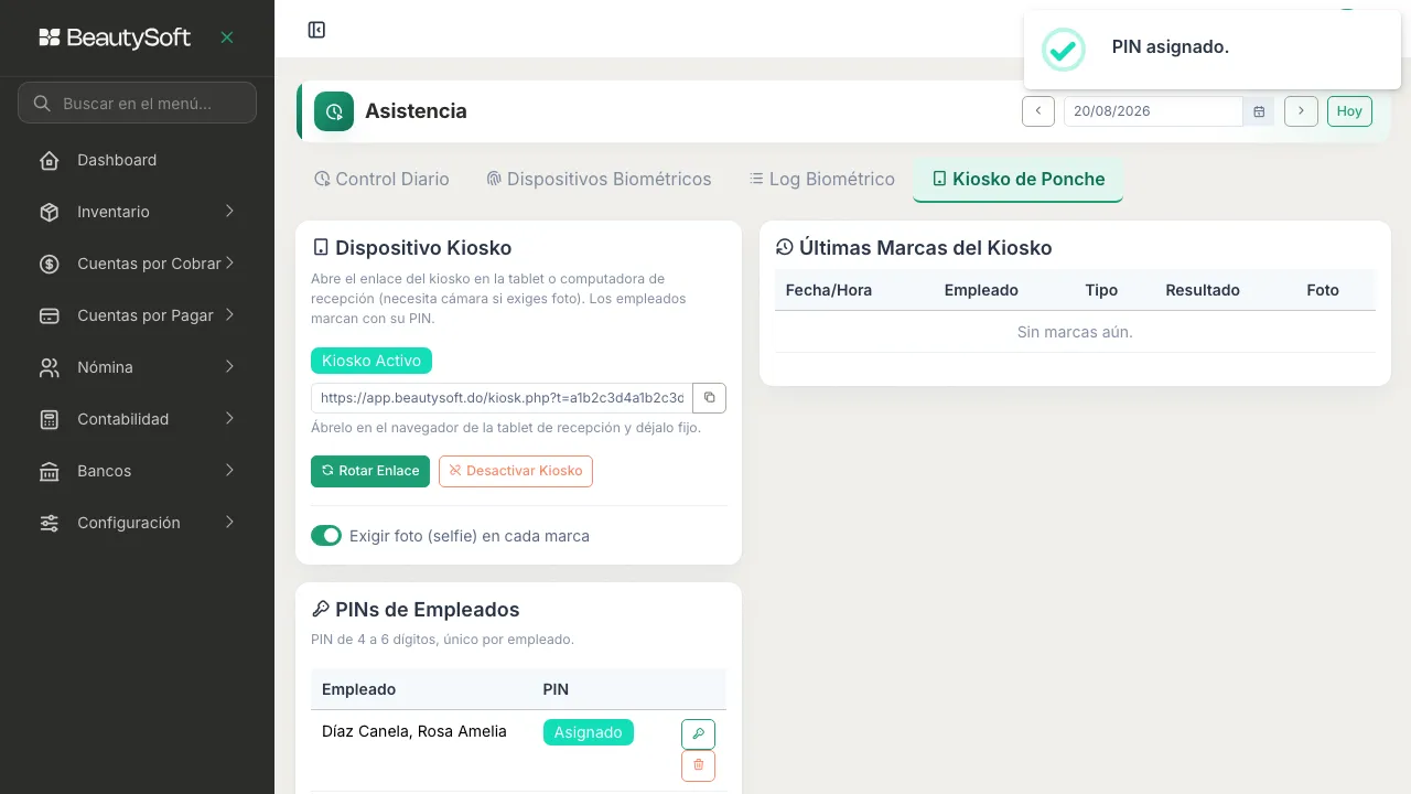 Tabla de PINs de empleados mostrando quién ya tiene un PIN asignado
