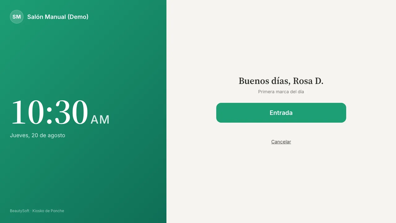 Pantalla del kiosko con el saludo al empleado y el botón de Entrada