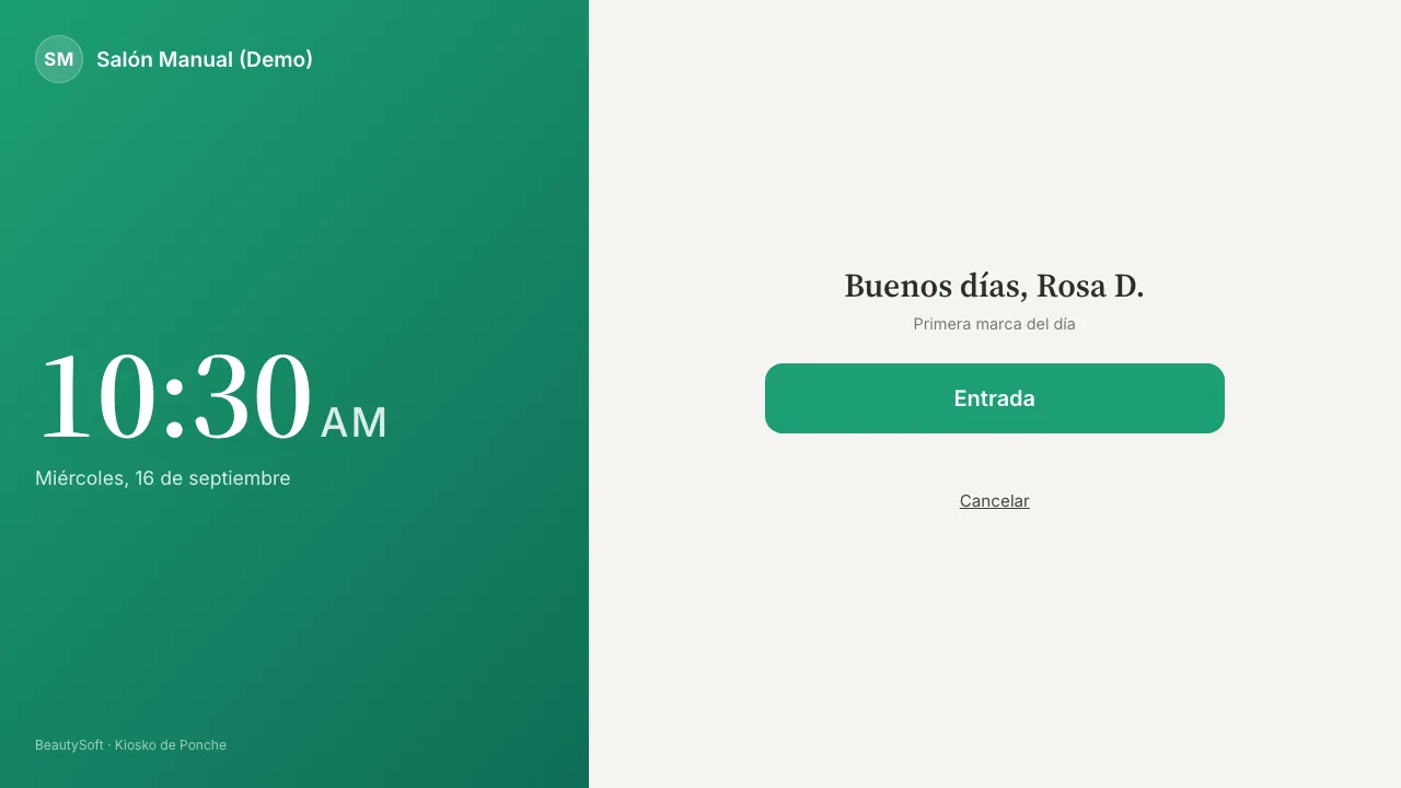Pantalla del kiosko con el saludo al empleado y el botón de Entrada