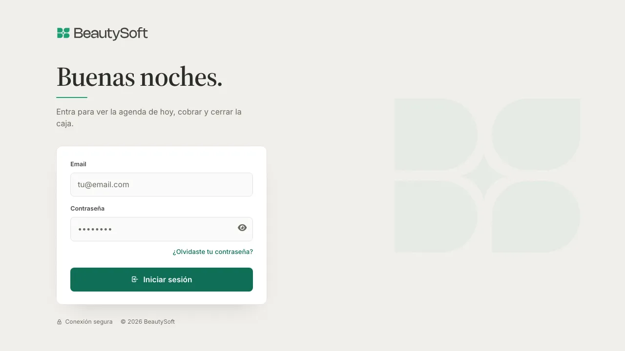 Pantalla de inicio de sesión de BeautySoft, con los campos Email y Contraseña
