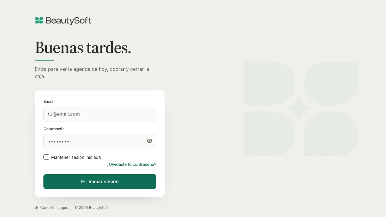 Pantalla de inicio de sesión de BeautySoft, con los campos Email y Contraseña