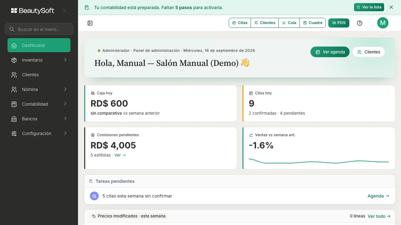 Pantalla principal (Dashboard) de BeautySoft con el menú lateral, el aviso de periodo de prueba y las tarjetas de caja y citas del día