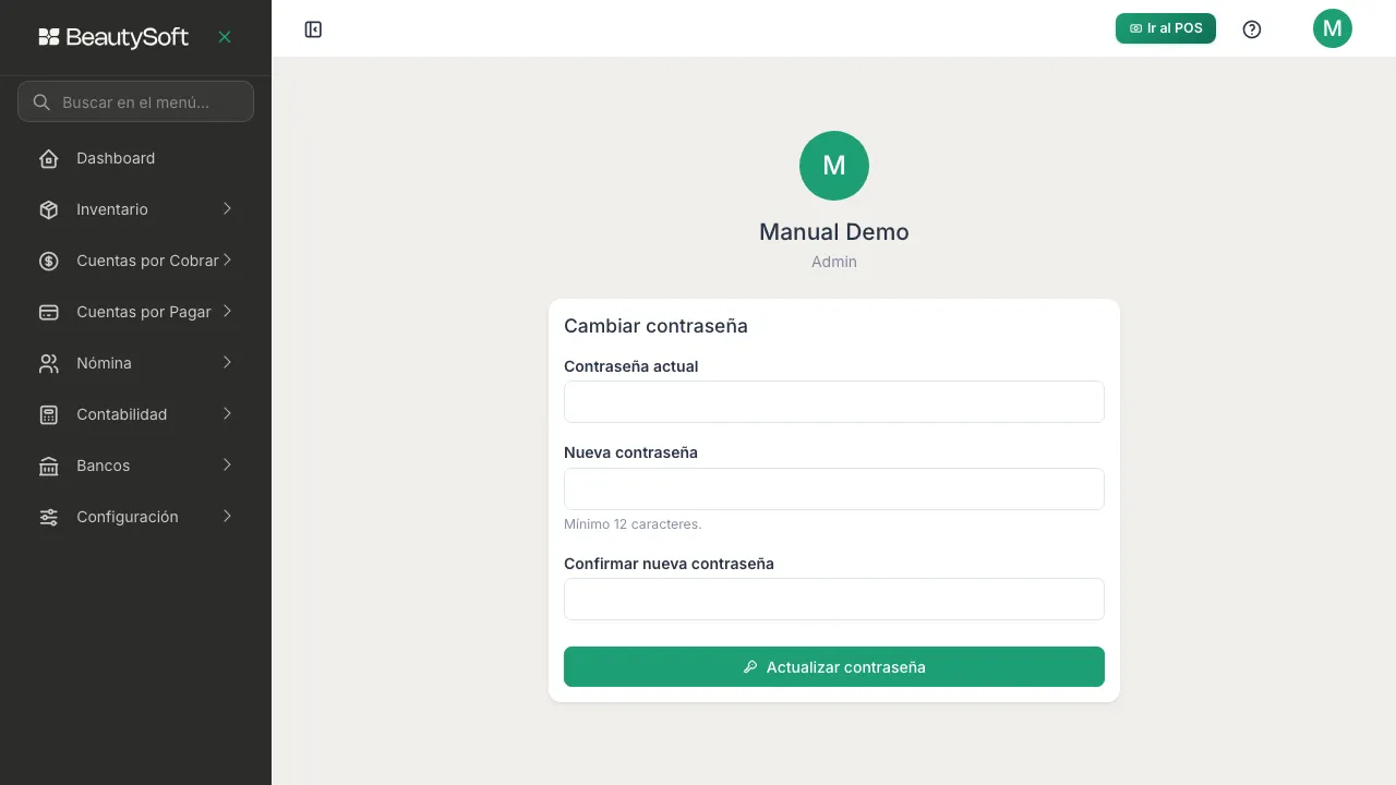 Pantalla de perfil con el formulario para cambiar la contraseña, pidiendo contraseña actual, nueva y su confirmación