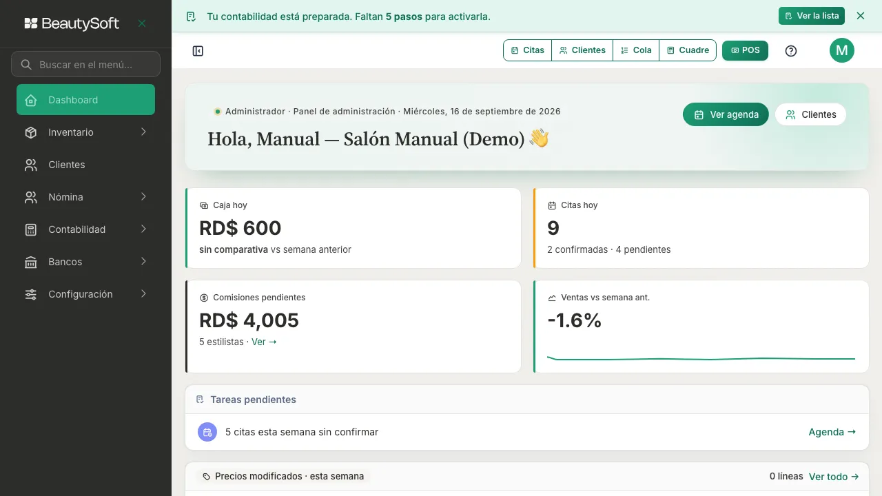 Dashboard con el saludo del día, la barra Configura tu salón, y las tarjetas de Caja hoy y Citas hoy