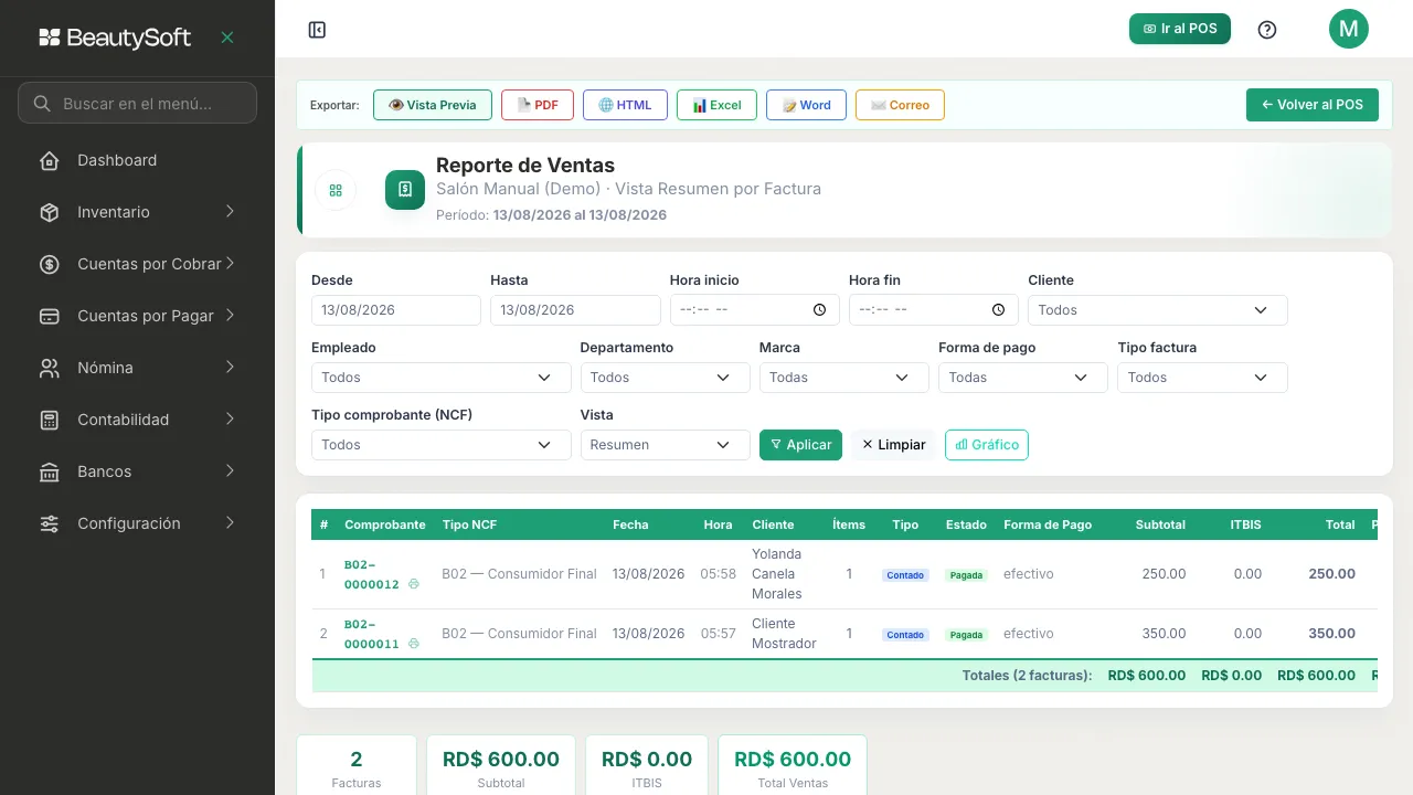 Reporte de Ventas con los filtros de fecha, cliente, empleado y forma de pago, y la tabla de facturas con subtotal, ITBIS y total