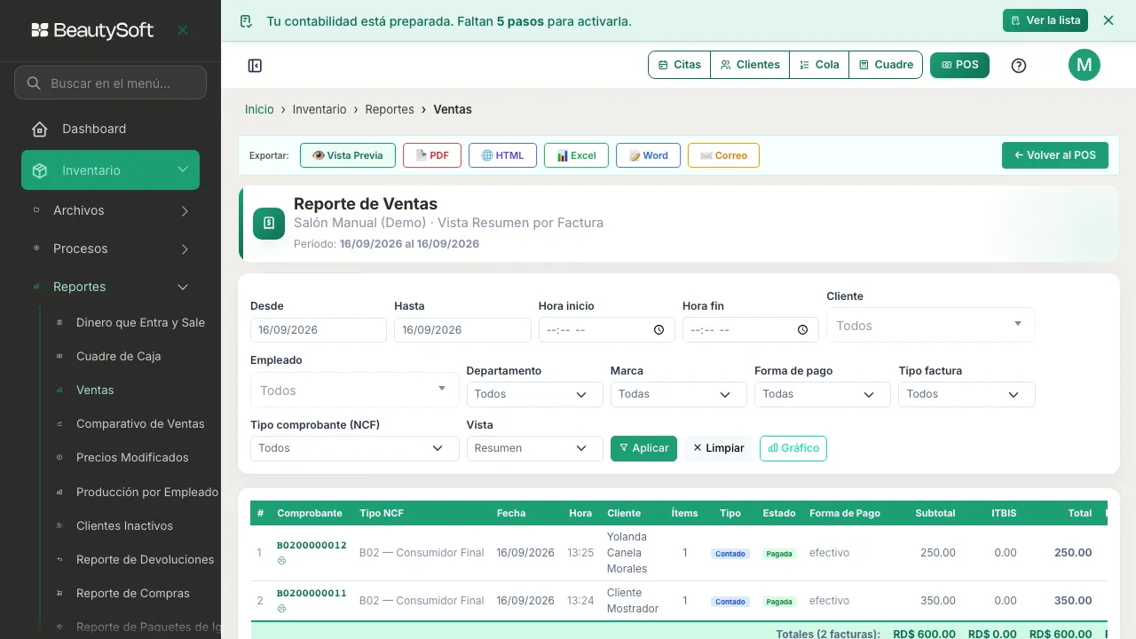 Reporte de Ventas con los filtros de fecha, cliente, empleado y forma de pago, y la tabla de facturas con subtotal, ITBIS y total