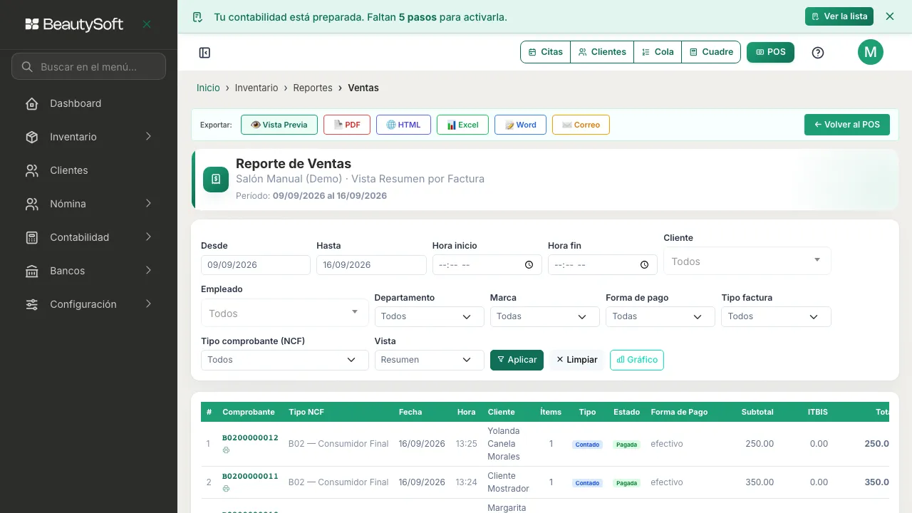 Reporte de Ventas con el rango de fechas ampliado, mostrando el mismo listado de facturas
