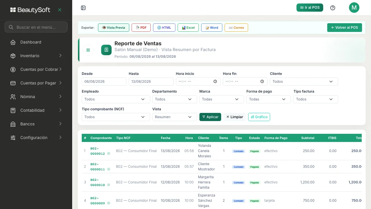 Reporte de Ventas con el rango de fechas ampliado, mostrando el mismo listado de facturas