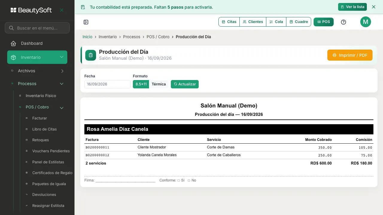 Producción del Día con la fecha, el formato de impresión y un listado por empleado con factura, monto cobrado y comisión