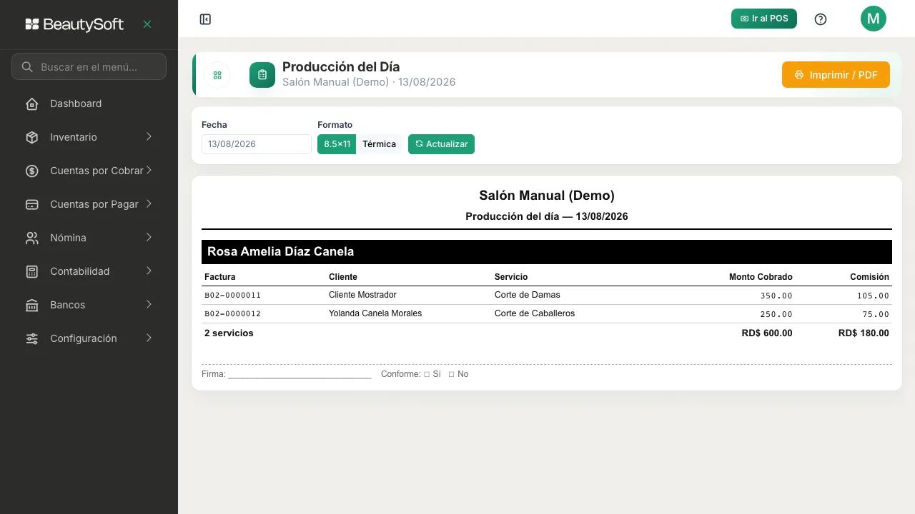 Producción del Día con la fecha, el formato de impresión y un listado por empleado con factura, monto cobrado y comisión