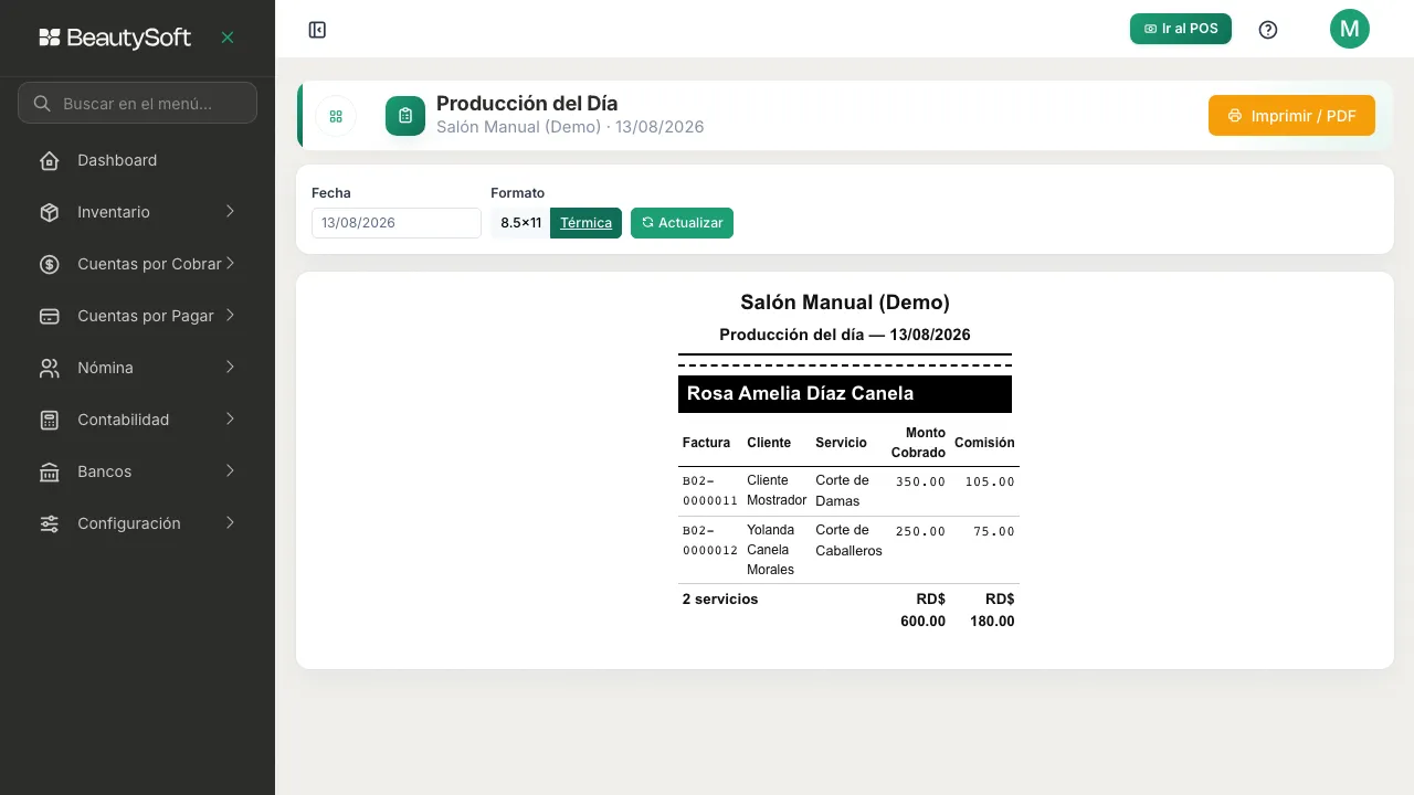 Producción del Día con el formato Térmica escogido y el botón Imprimir / PDF