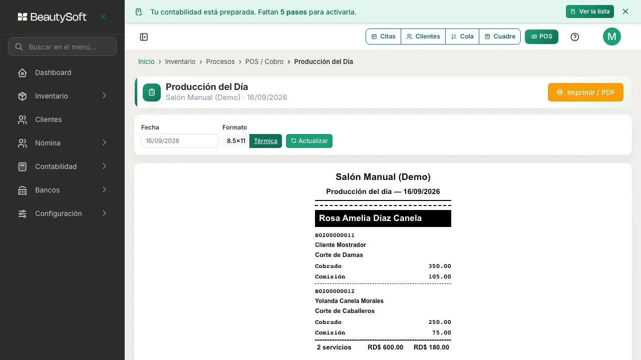 Producción del Día con el formato Térmica escogido y el botón Imprimir / PDF