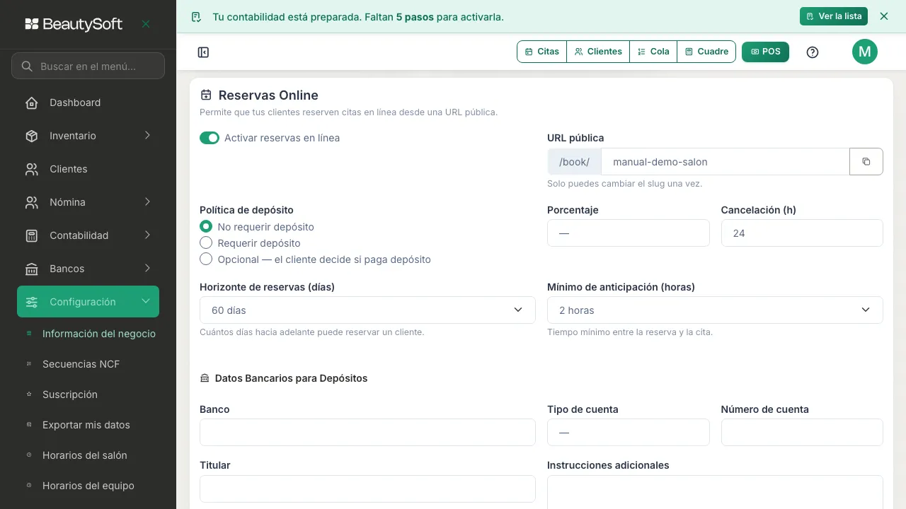 Tarjeta Reservas Online con el interruptor Activar Reservas Online encendido y el campo URL pública con el botón para copiar el enlace