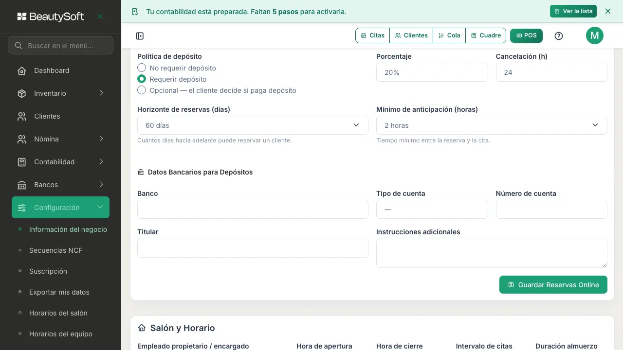 Política de depósito con las tres opciones, el porcentaje, la cancelación en horas, el horizonte de reservas y el mínimo de anticipación