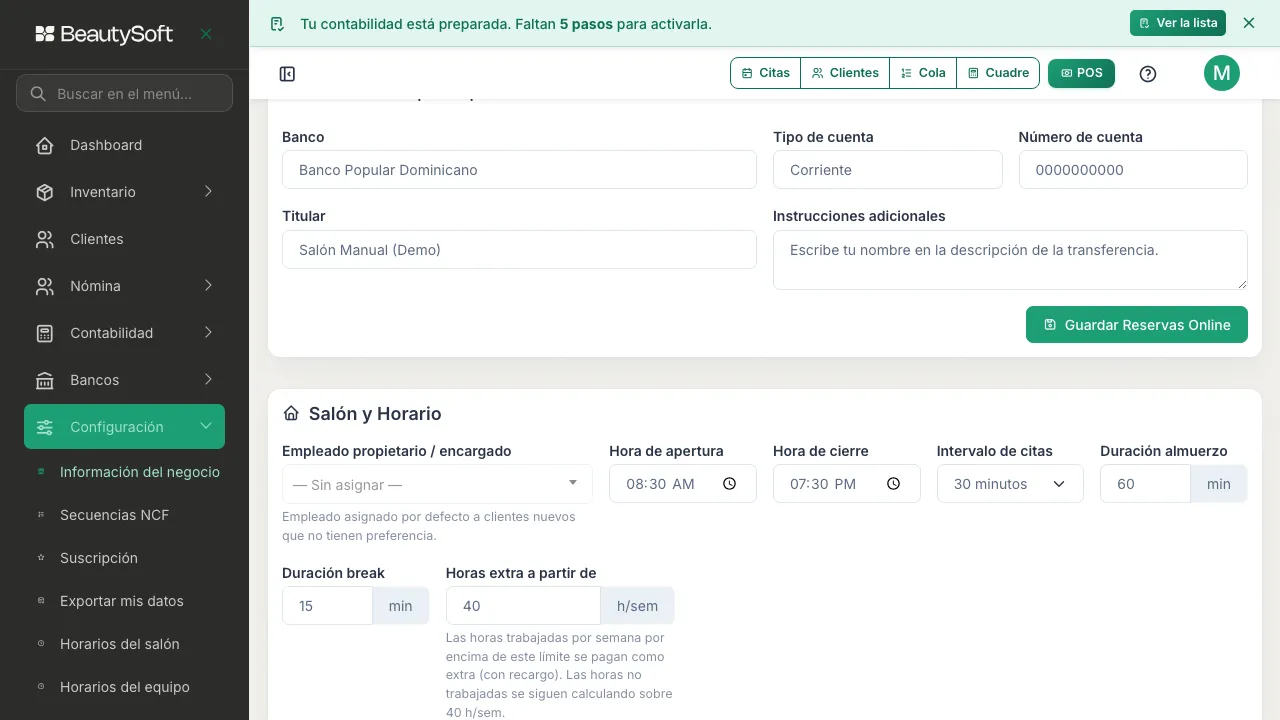 Datos Bancarios para Depósitos con banco, tipo de cuenta, número de cuenta, titular e instrucciones adicionales