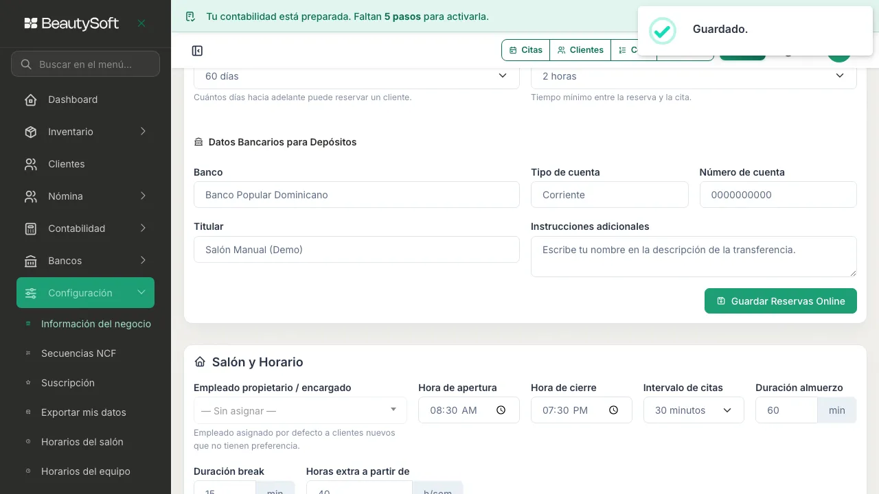 Aviso de guardado después de pulsar Guardar Reservas Online