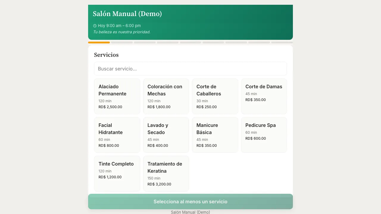 Página pública de reservas del salón, con la lista de servicios que ve el cliente