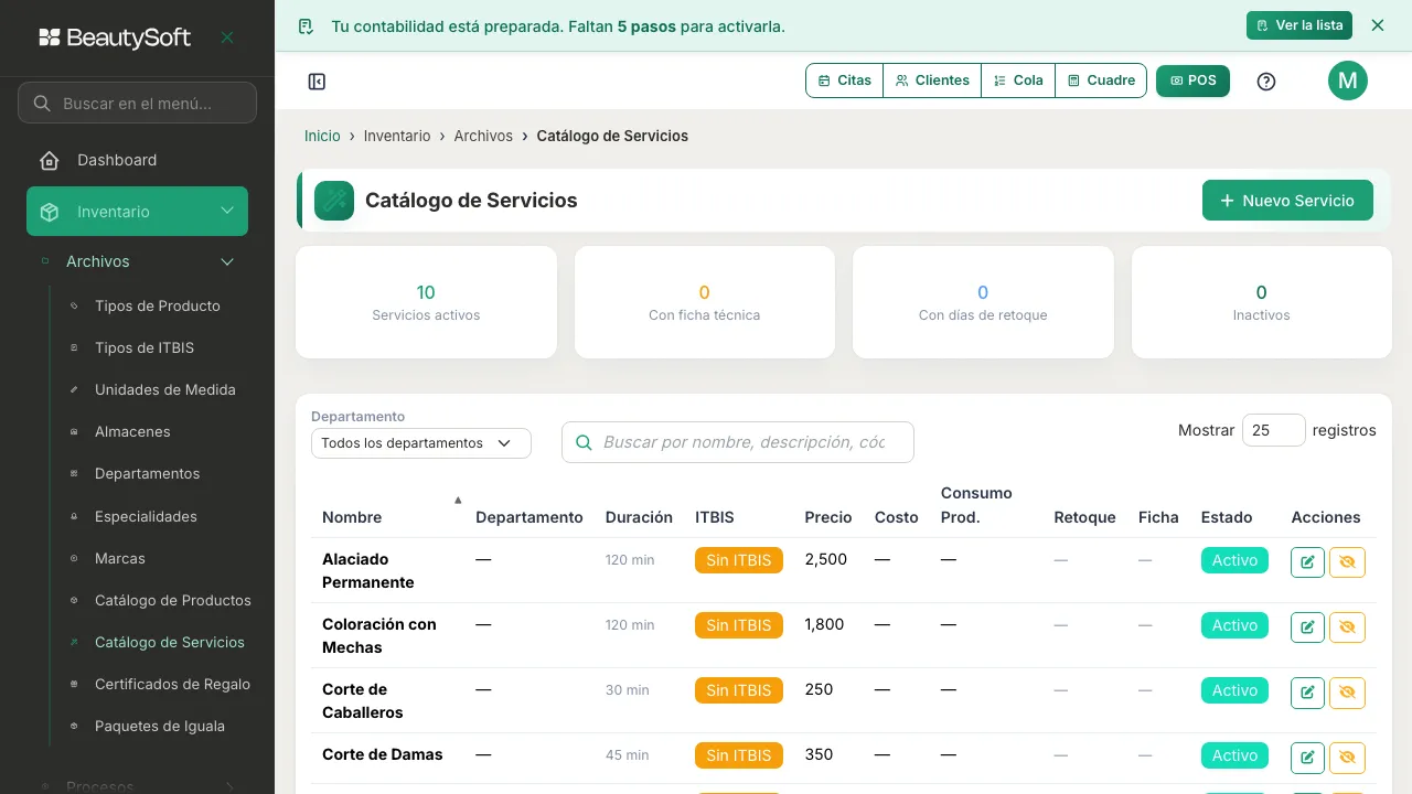 Pantalla de Catálogo de Servicios con la tabla de servicios activos y el botón Nuevo Servicio