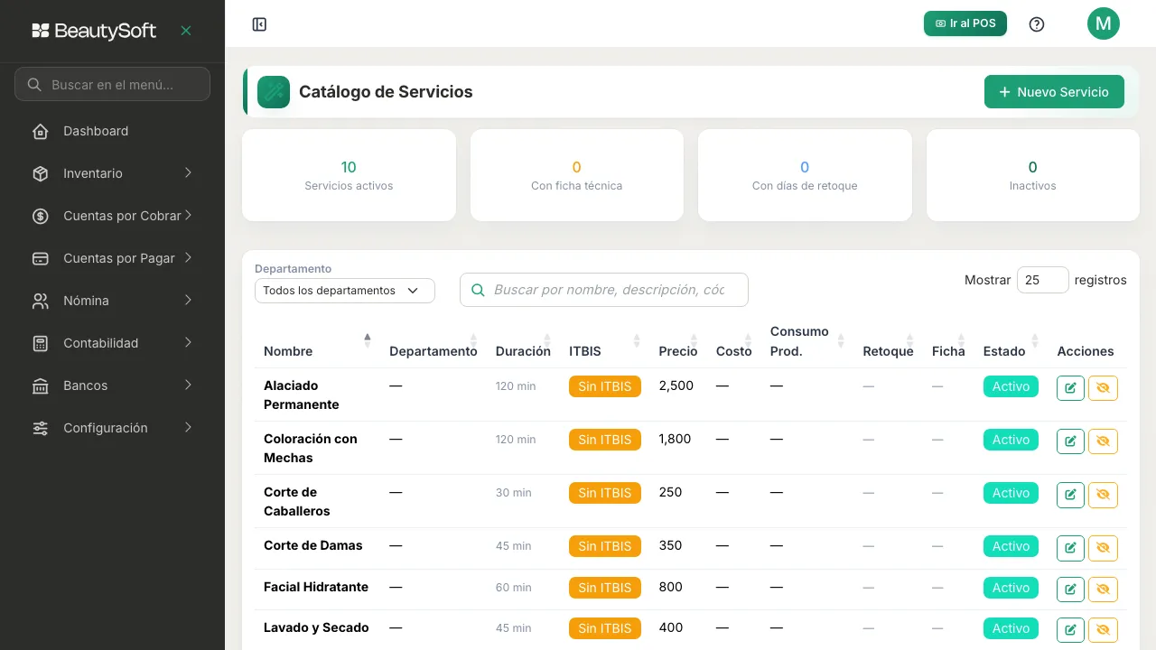 Pantalla de Catálogo de Servicios con la tabla de servicios activos y el botón Nuevo Servicio