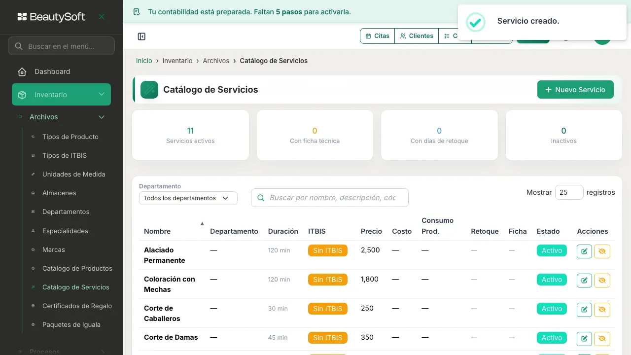 Mensaje Servicio creado sobre el Catálogo de Servicios, con el contador de servicios activos subido en uno