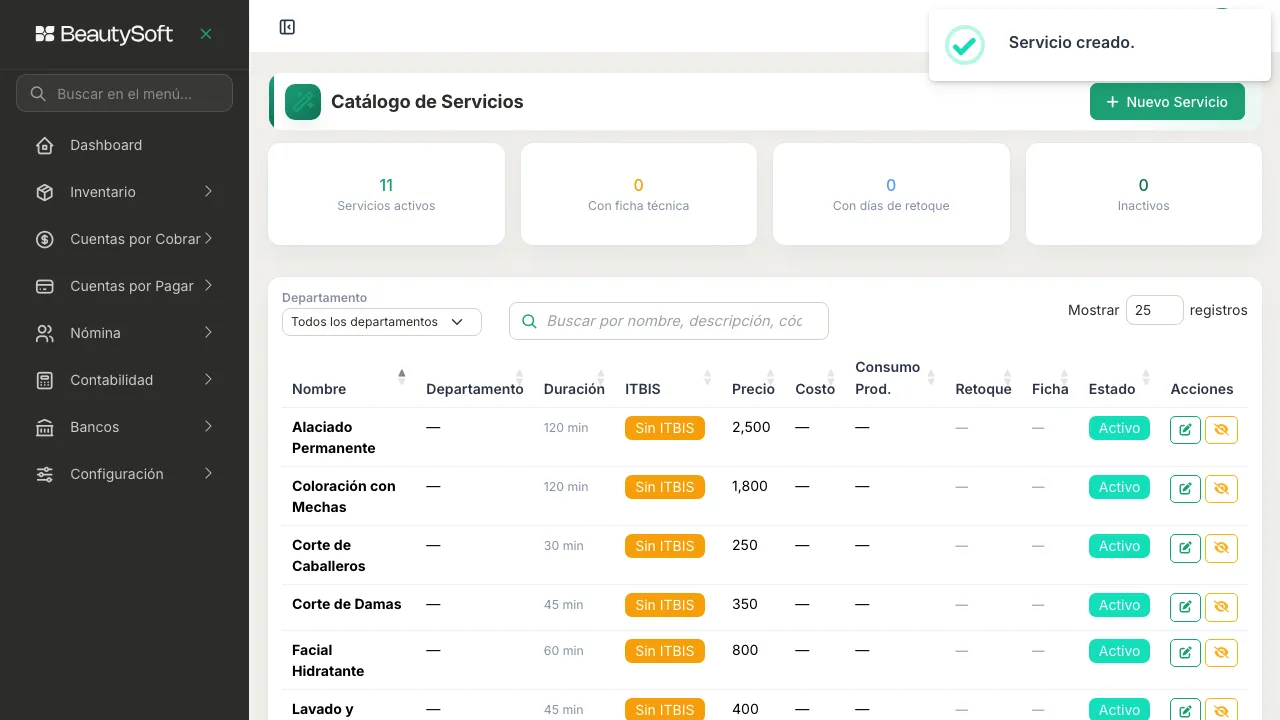 Mensaje Servicio creado sobre el Catálogo de Servicios, con el contador de servicios activos subido en uno