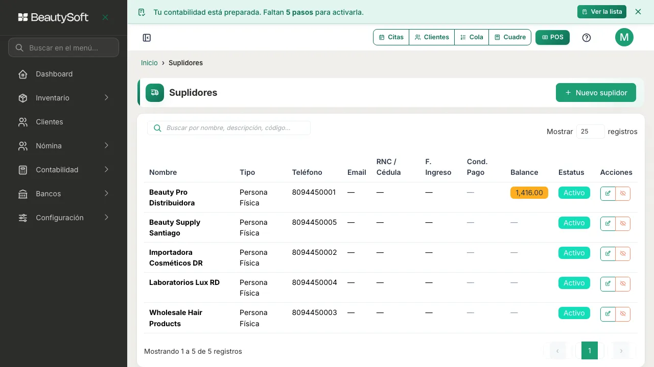 Pantalla Suplidores con la lista y el botón Nuevo suplidor arriba a la derecha