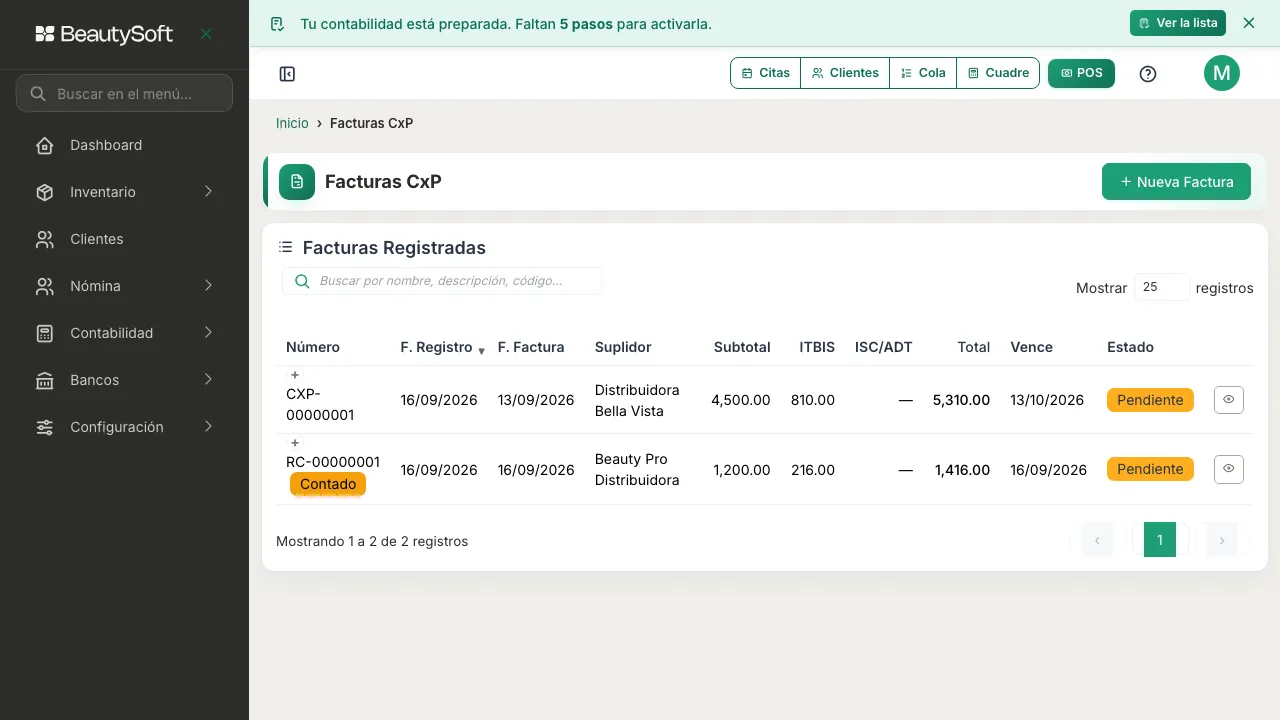 Lista de Facturas CxP con una factura registrada, su fecha de vencimiento, su estado y su balance