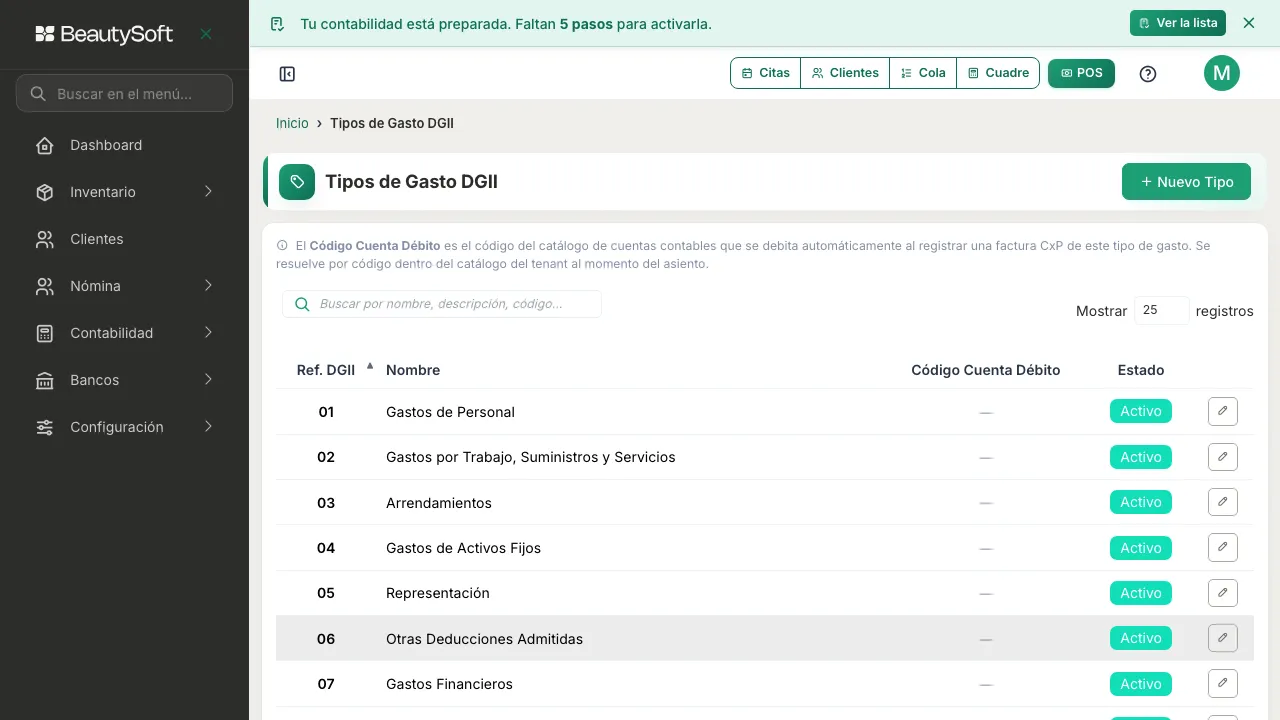 Pantalla Tipos de Gasto DGII con las once categorías numeradas