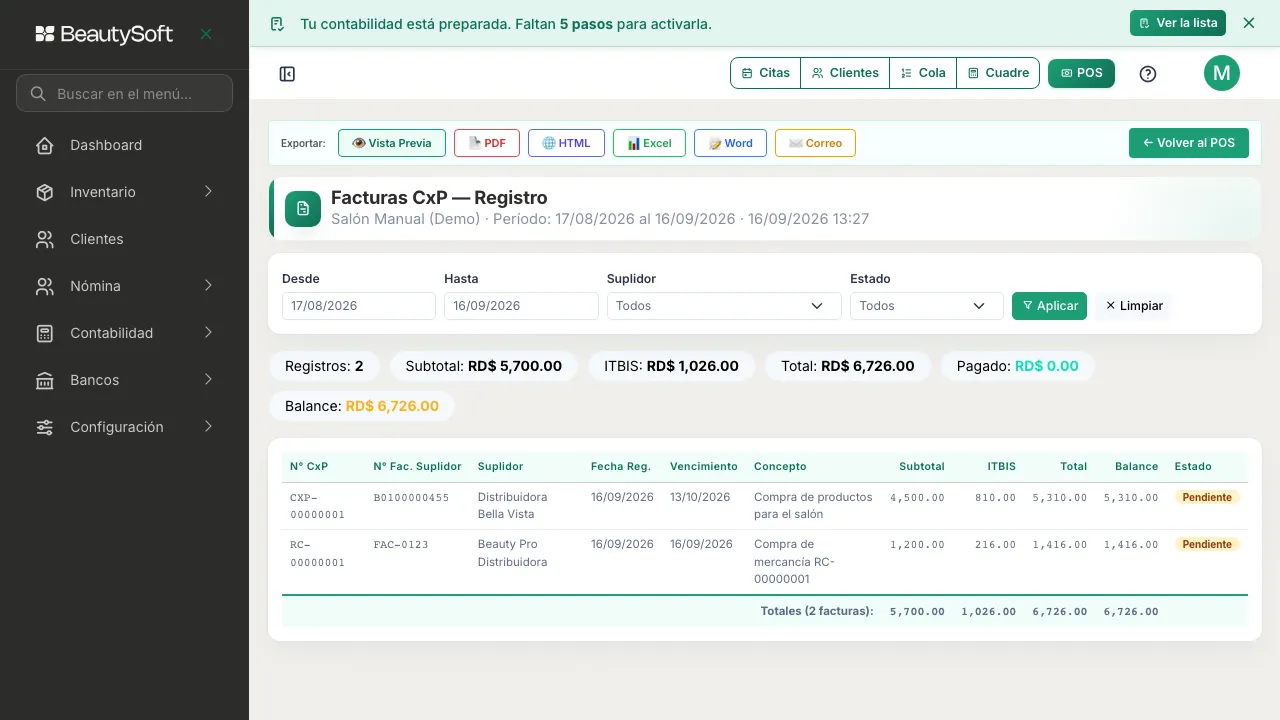 Reporte de Facturas CxP con el filtro de fechas y el listado de facturas de compra