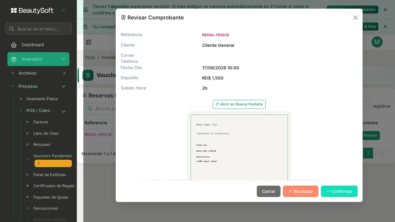 Ventana Revisar Comprobante con la imagen de la transferencia, la referencia, el cliente, la fecha de la cita y el monto del depósito
