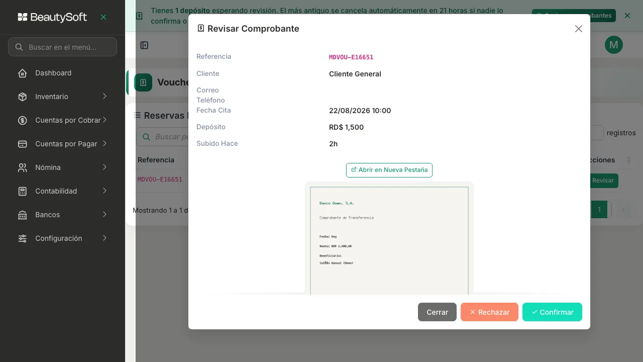 Ventana Revisar Comprobante con la imagen de la transferencia, la referencia, el cliente, la fecha de la cita y el monto del depósito