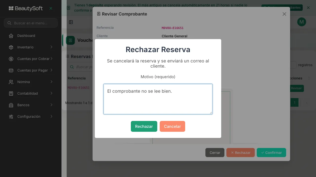 Cuadro para rechazar la reserva con el motivo escrito, y los botones Rechazar y Cancelar