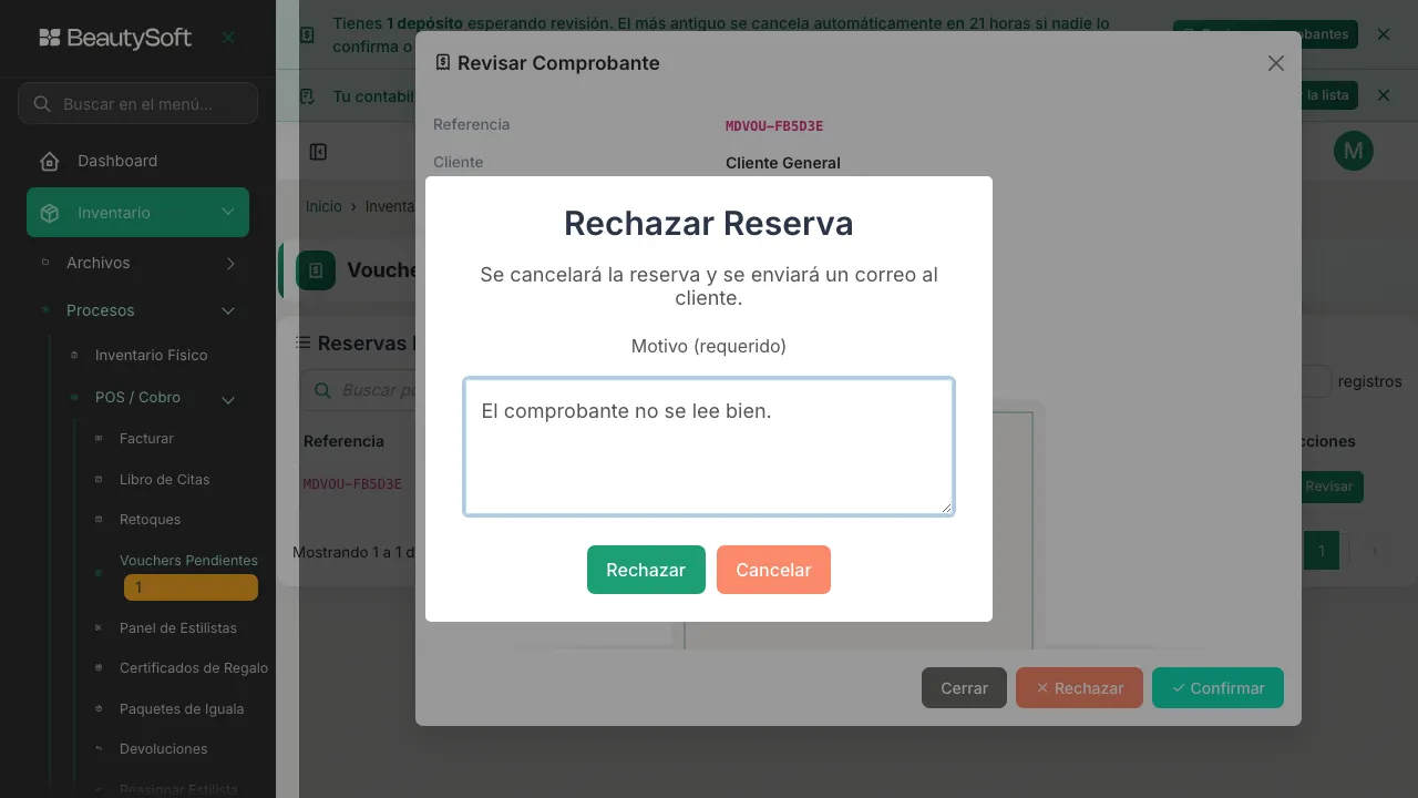 Cuadro para rechazar la reserva con el motivo escrito, y los botones Rechazar y Cancelar