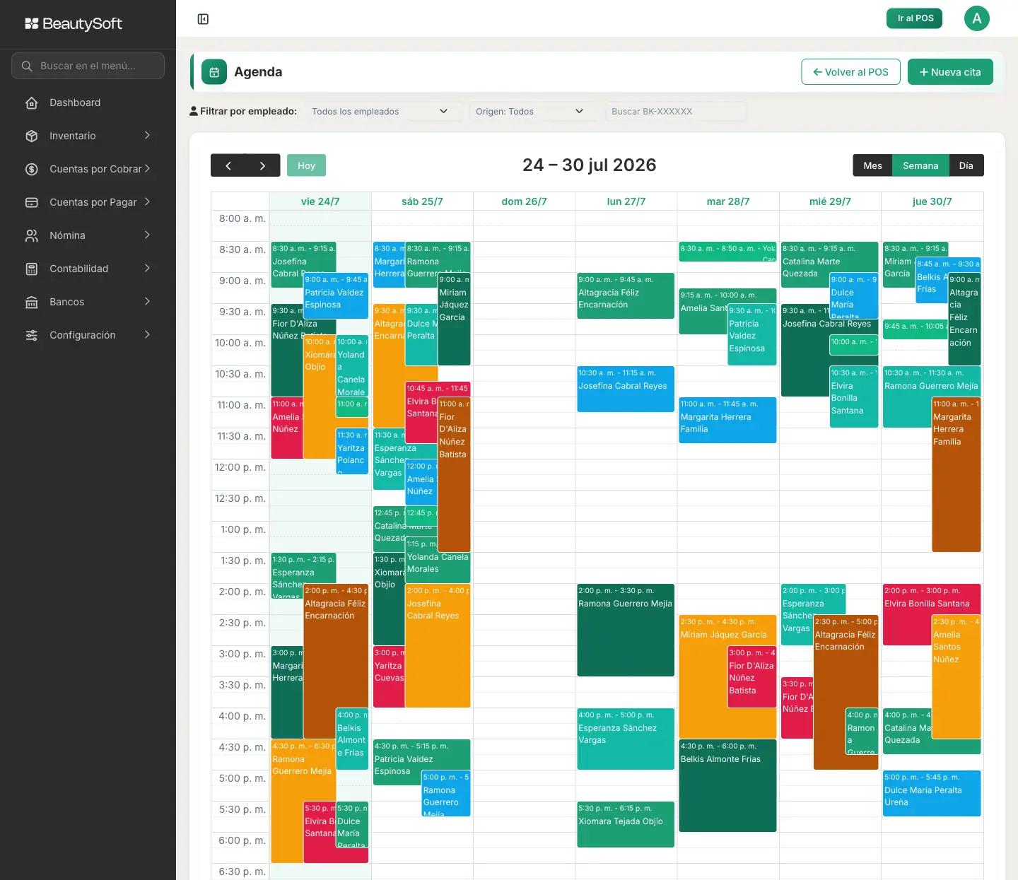 Captura de pantalla de la agenda semanal de BeautySoft, con citas de varias estilistas repartidas por toda la semana y diferenciadas por color