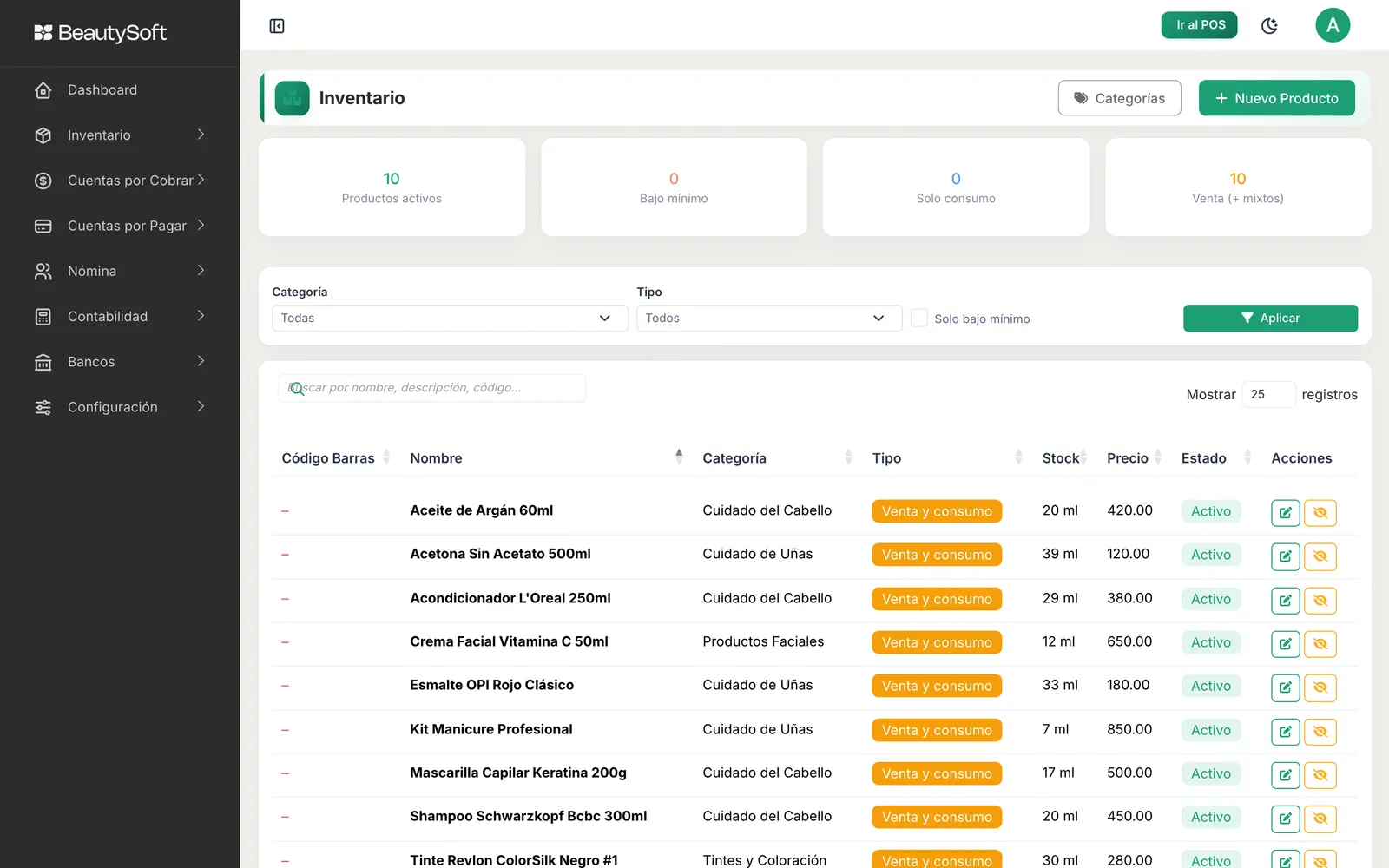 Captura de pantalla del módulo de inventario de BeautySoft con lista de productos, costos y stock