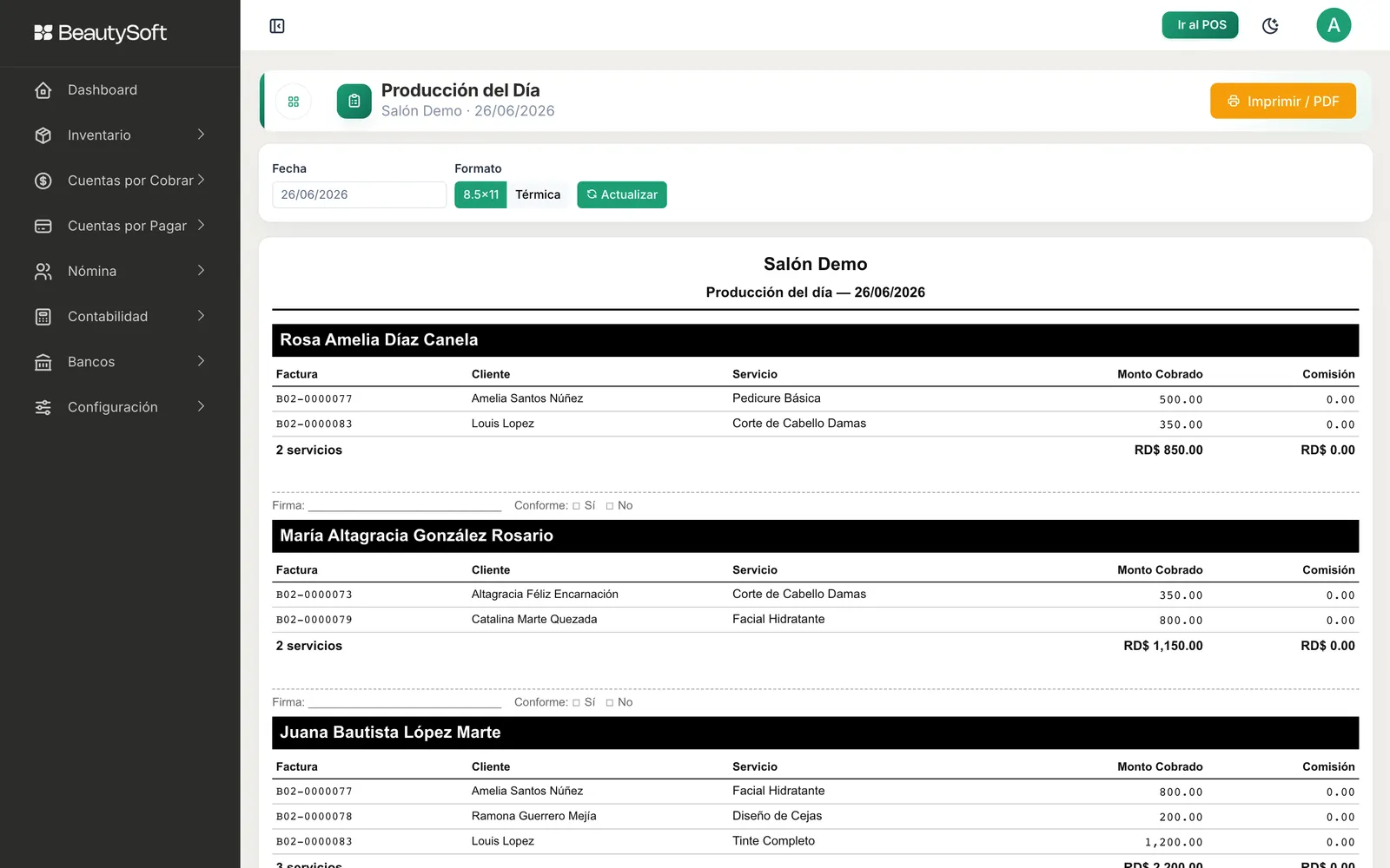 Captura de pantalla del reporte de producción diaria de BeautySoft con ventas por empleado y servicios